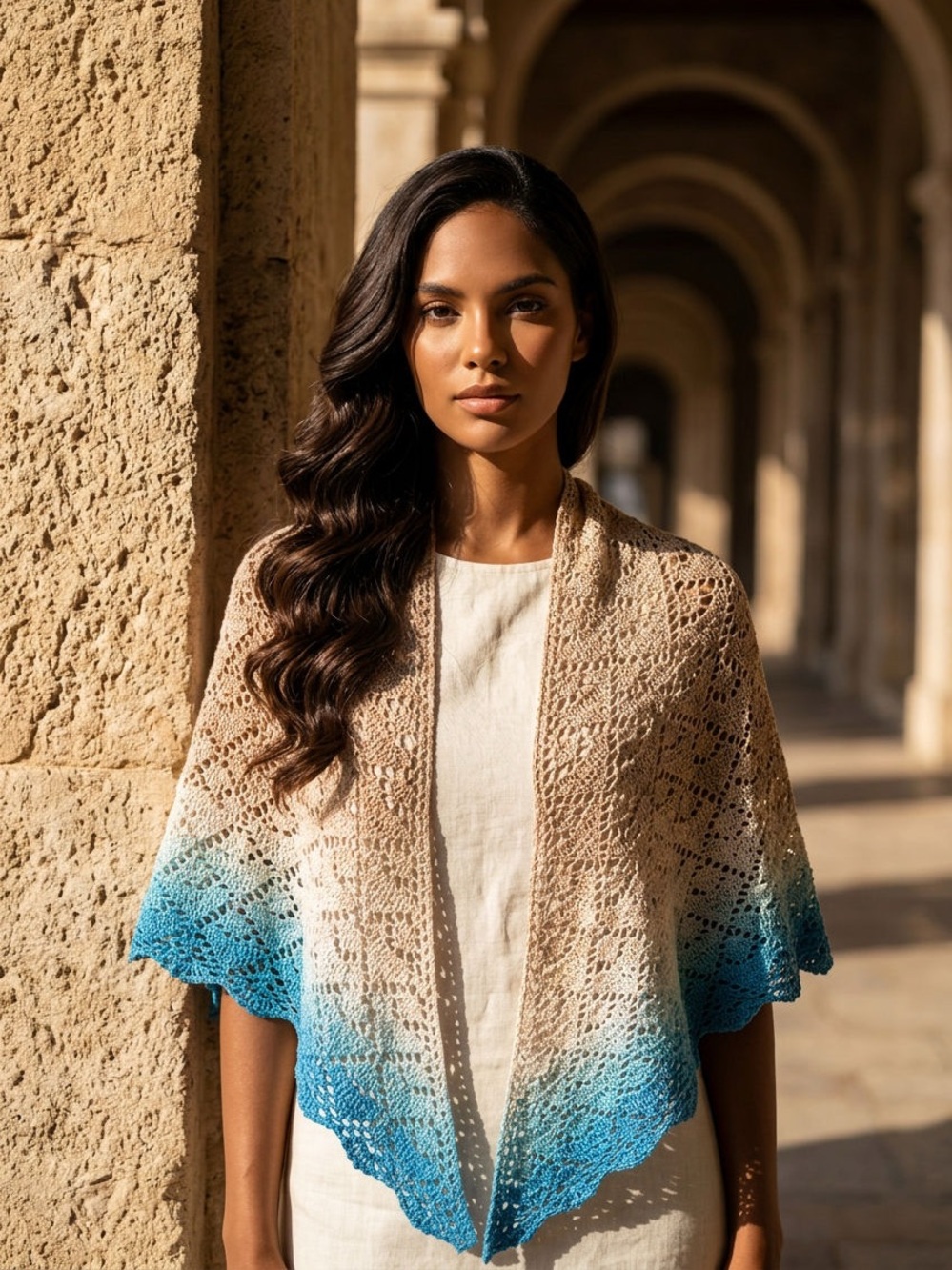 Hand Knit Wool Silk Blend Lace Triangle Shawl Wrap Ombre Cream Beige Turquoise